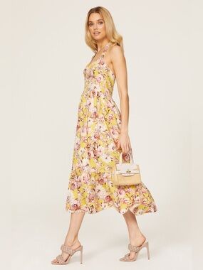 Bardot Labella Linen Blend Floral Halter Midi Dress Yellow Pink US 4 Cottage